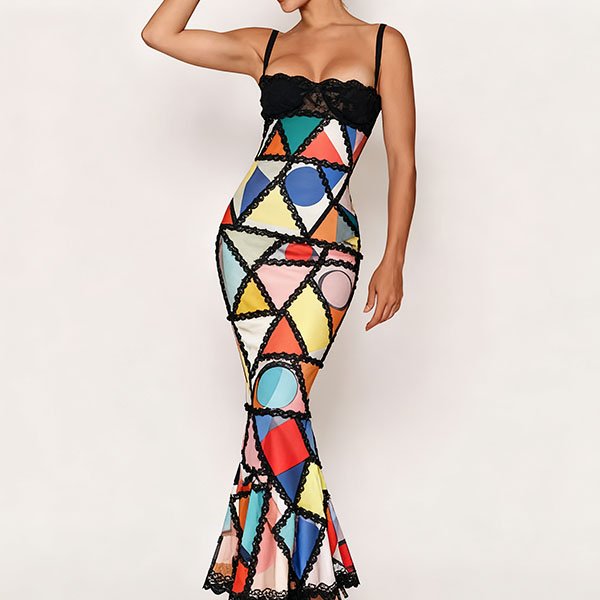 Women's Colorful Geometric Pattern Lace Bodycon Dress