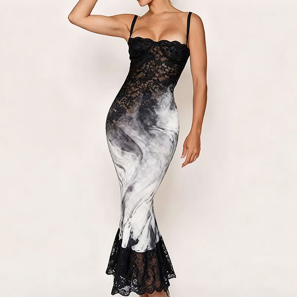 Women's black and white lace bodycon dress