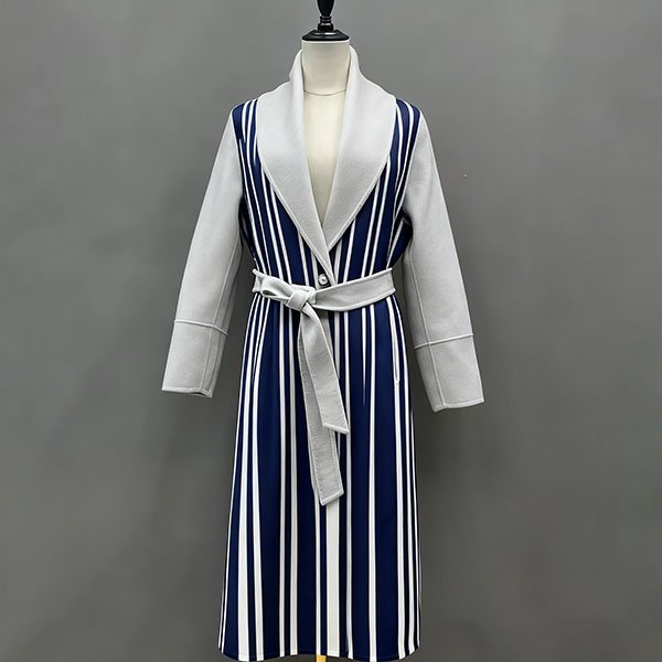 Women's vertical blue and white striped cashmere coat for winter
