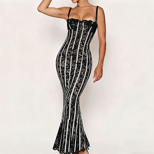 Women's striped floral lace bodycon dress