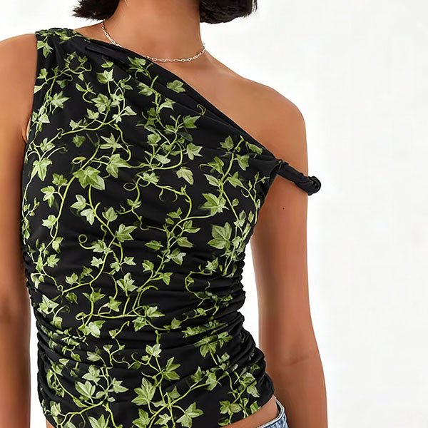 Retro green leaf element one-shoulder camisole