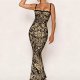 Women's party bodysuit sleeveless gold-embellished long dress
